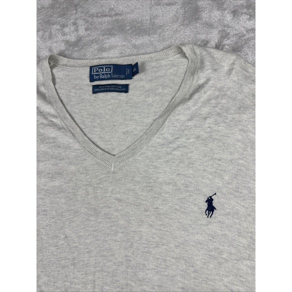 Polo Ralph Lauren Mens XL Heather Gray 100% Pima Cotton V-Neck Sweater Pony